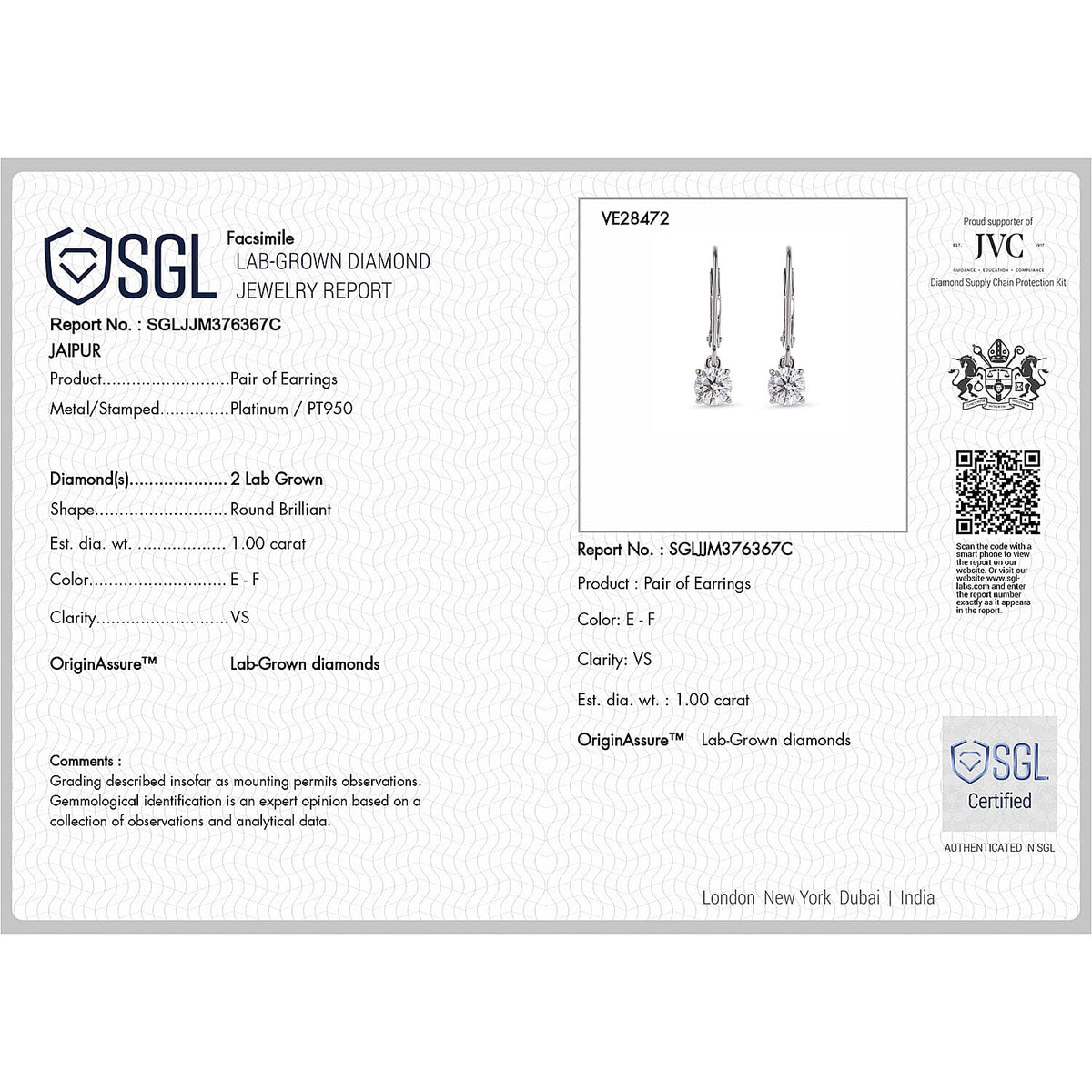LUXURIANT 1 Ct. Lab Grown Diamond Solitaire Earring with Lever Back in 950 Platinum SGL Certified (VS-EF) 8105487 7