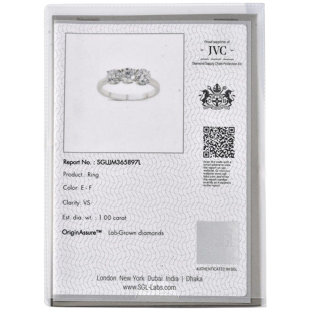 Luxuriant Diamond - 9K White Gold SGL Certified Lab Grown Diamond (VS-EF) 3 Stone Ring 1.00 Ct.