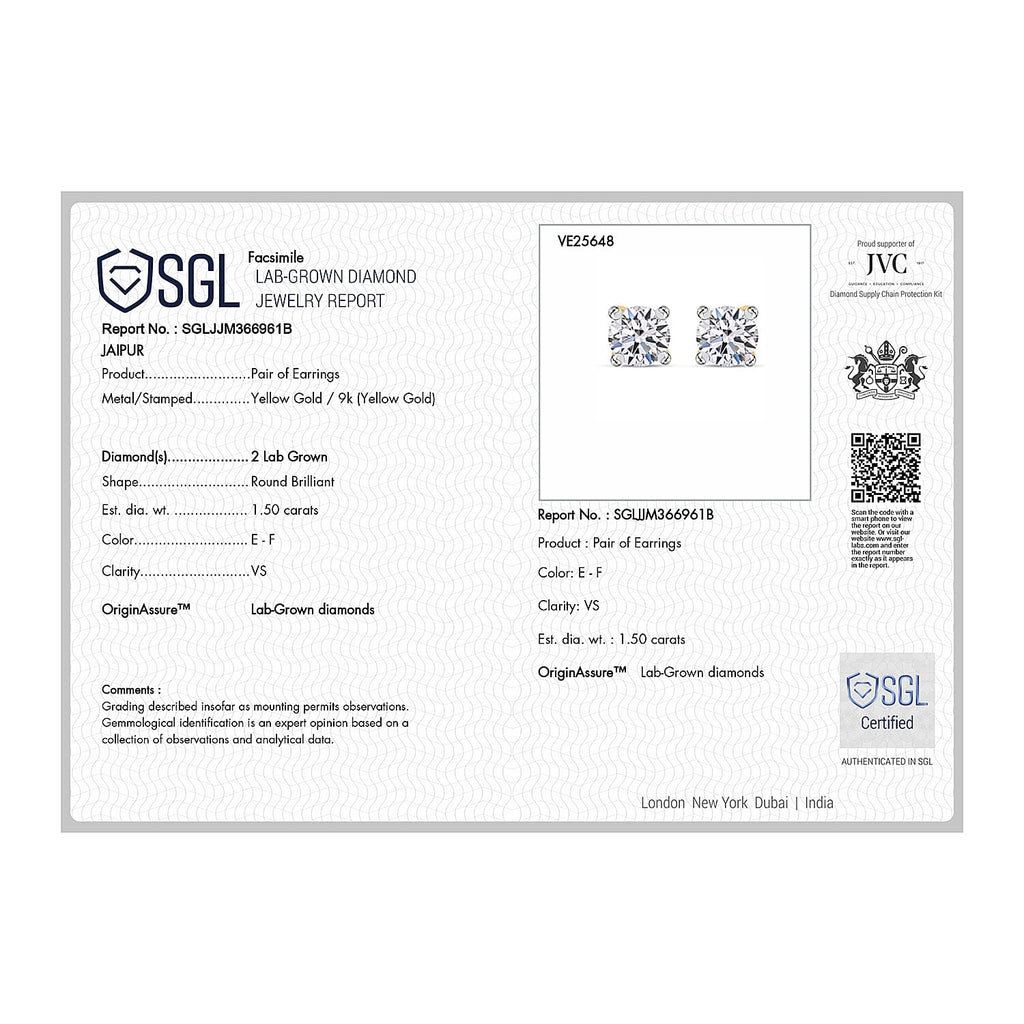 Luxuriant Diamond  9K Yellow Gold  VS   Lab Grown Diamond  EF, VS Solitaire Stud Push Post Earring 1.54 ct,  Gold Wt. 0.86 Gms  1.544  Ct.