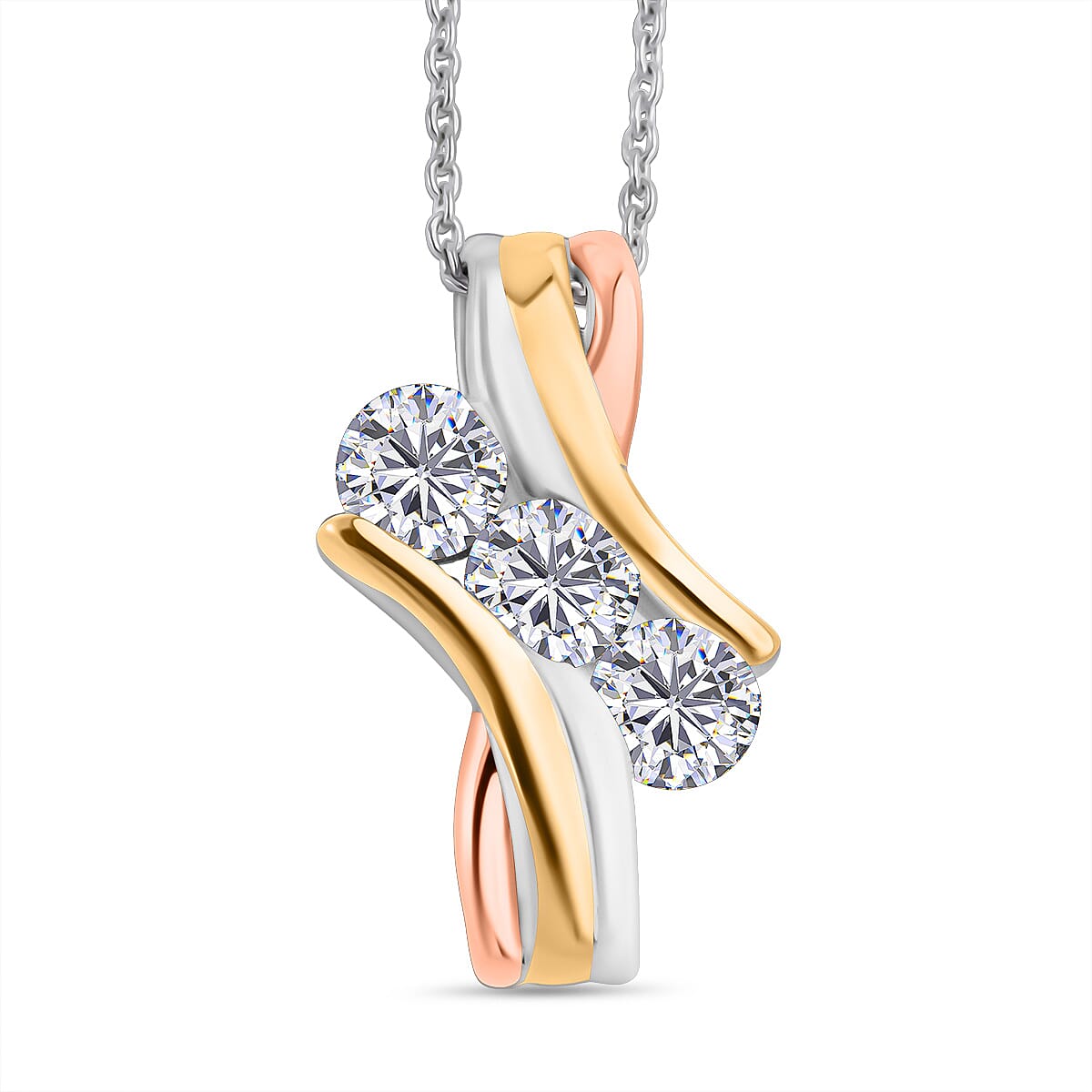 LUXURIANT Lab Grown Diamond Trilogy Pendant with Chain (Size 18/20) in 18K Yellow and Rose Gold Vermeil Plated Sterling Silver (0.75 Ct 4390946 0