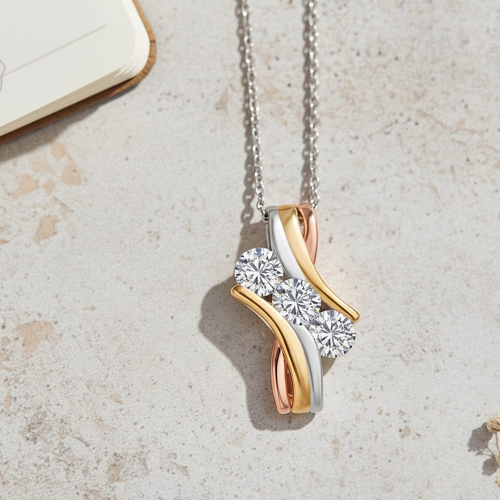LUXURIANT Lab Grown Diamond Trilogy Pendant with Chain (Size 18/20) in 18K Yellow and Rose Gold Vermeil Plated Sterling Silver (0.75 Ct 4390946 1