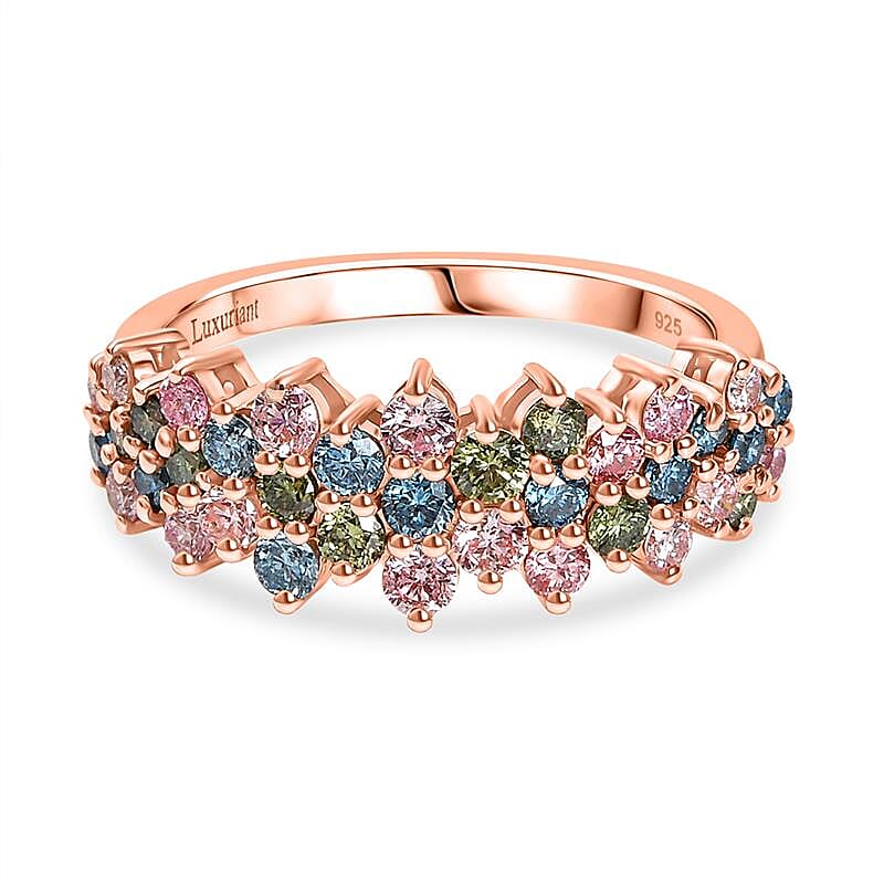LUXURIANT 1 Ct. Multi Colour Lab Grown Diamond Cluster Ring in 18K Vermeil Rose Gold Plated Sterling Silver (SI-GH)
