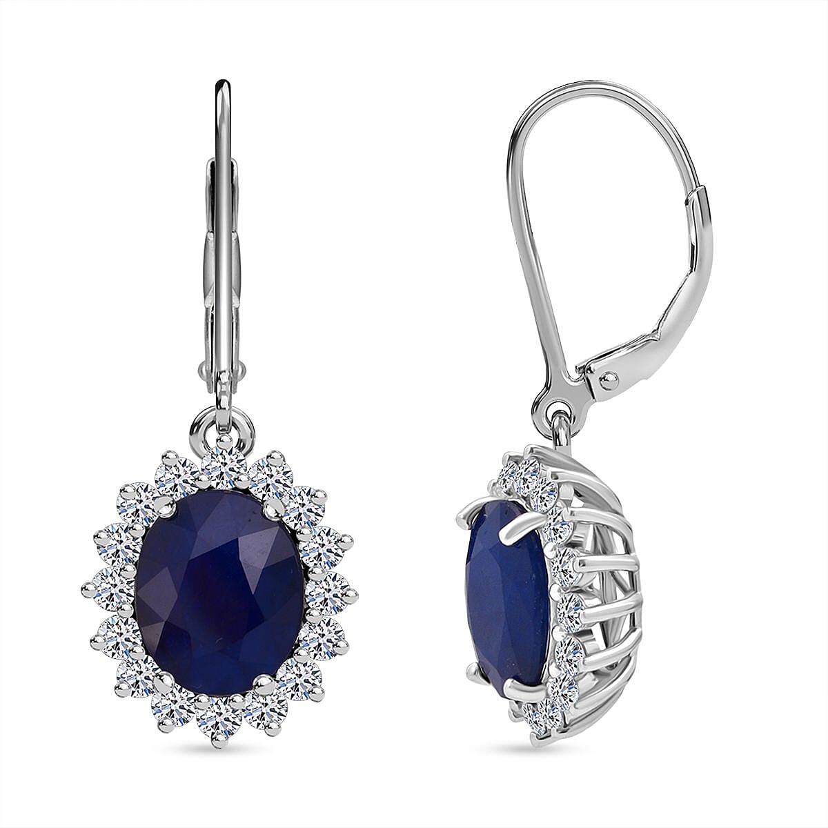Luxuriant - Blue Sapphire &amp; Lab Grown Diamond (SI-G-H) Halo Earrings with Lever Back in Rhodium Overlay Sterling Silver 7.60 Ct 8267274 0