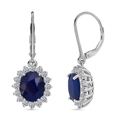 Luxuriant - Blue Sapphire & Lab Grown Diamond (SI-G-H) Halo Earrings with Lever Back in Rhodium Overlay Sterling Silver 7.60 Ct