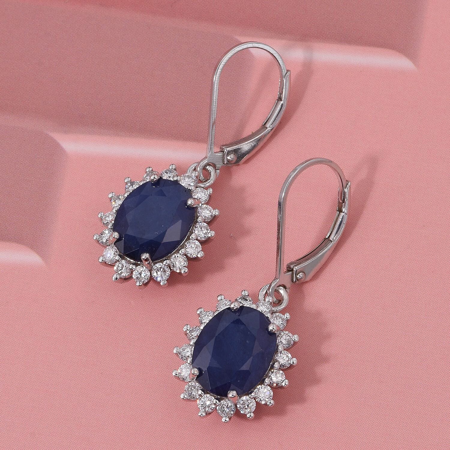 Luxuriant - Blue Sapphire &amp; Lab Grown Diamond (SI-G-H) Halo Earrings with Lever Back in Rhodium Overlay Sterling Silver 7.60 Ct 8267274 1