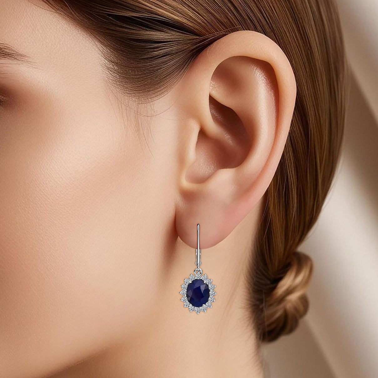 Luxuriant - Blue Sapphire &amp; Lab Grown Diamond (SI-G-H) Halo Earrings with Lever Back in Rhodium Overlay Sterling Silver 7.60 Ct 8267274 2