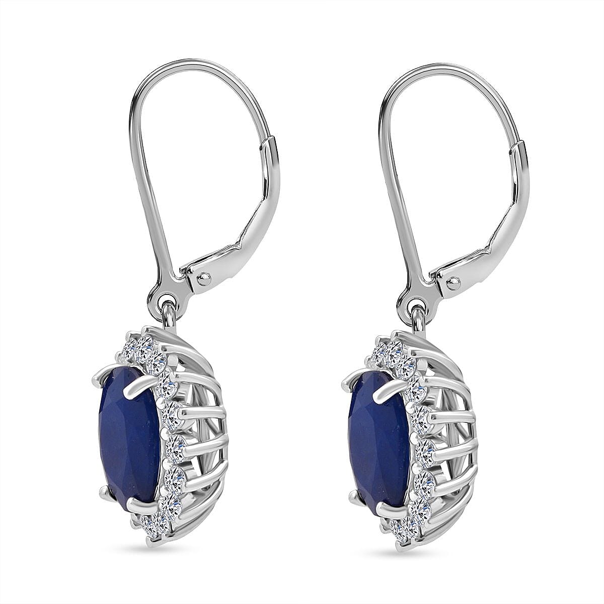 Luxuriant - Blue Sapphire &amp; Lab Grown Diamond (SI-G-H) Halo Earrings with Lever Back in Rhodium Overlay Sterling Silver 7.60 Ct 8267274 3