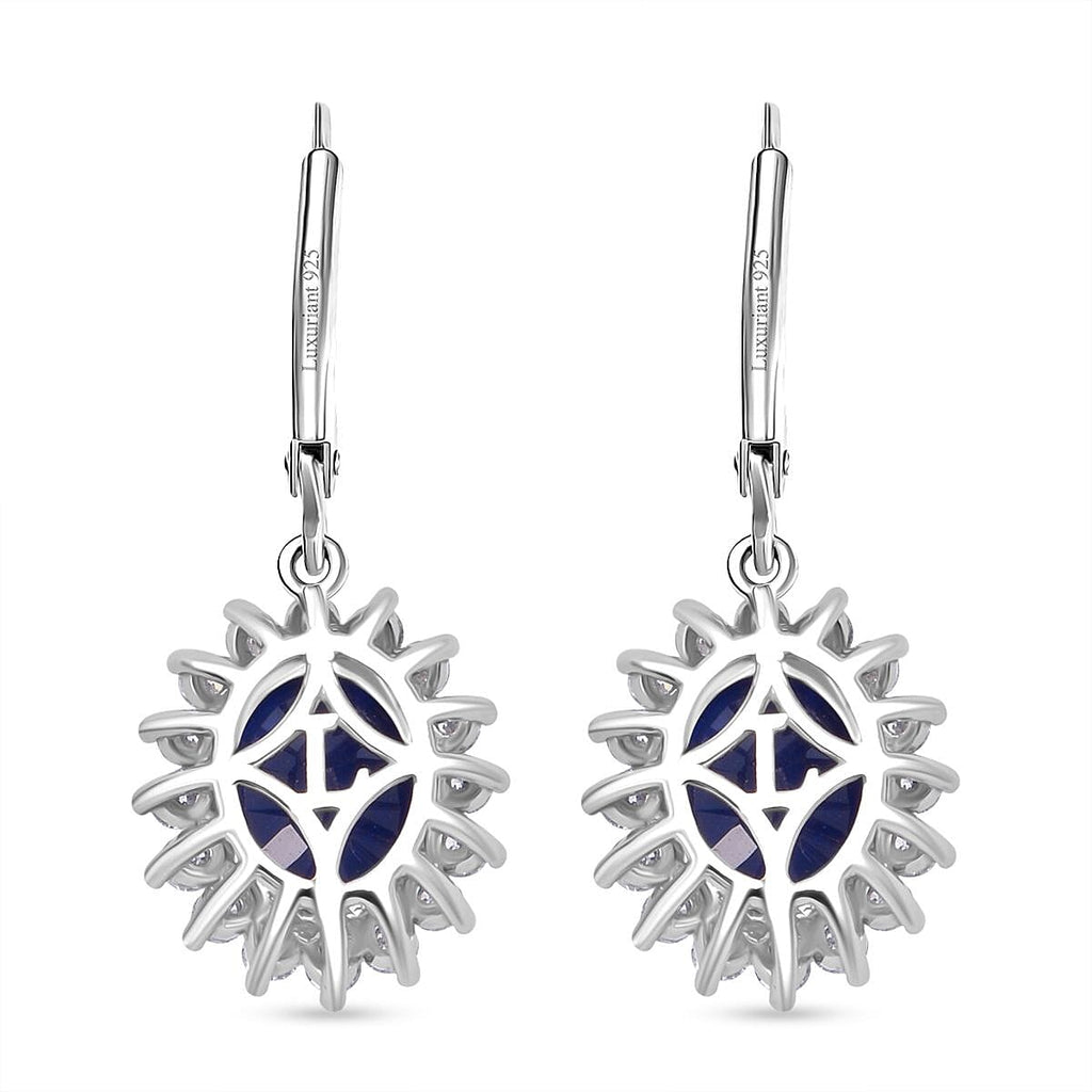 Luxuriant Blue Sapphire & Lab Grown Diamond (SI-GH) Earrings with Lever Back in Rhodium Overlay Sterling Silver 8.73 Ct