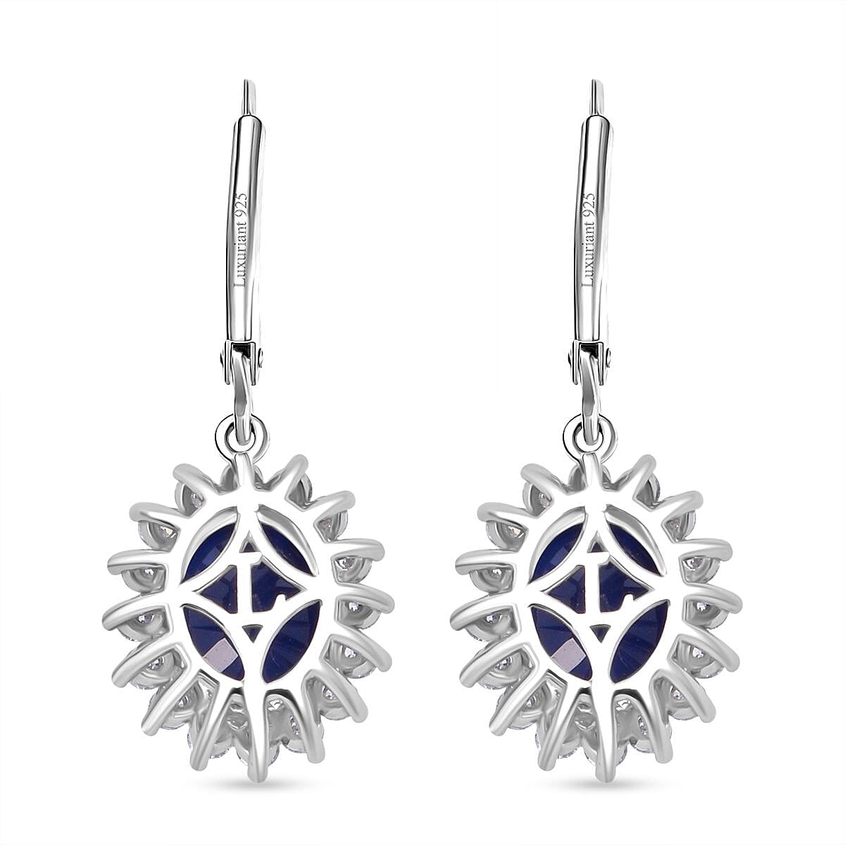 Luxuriant - Blue Sapphire &amp; Lab Grown Diamond (SI-G-H) Halo Earrings with Lever Back in Rhodium Overlay Sterling Silver 7.60 Ct 8267274 4