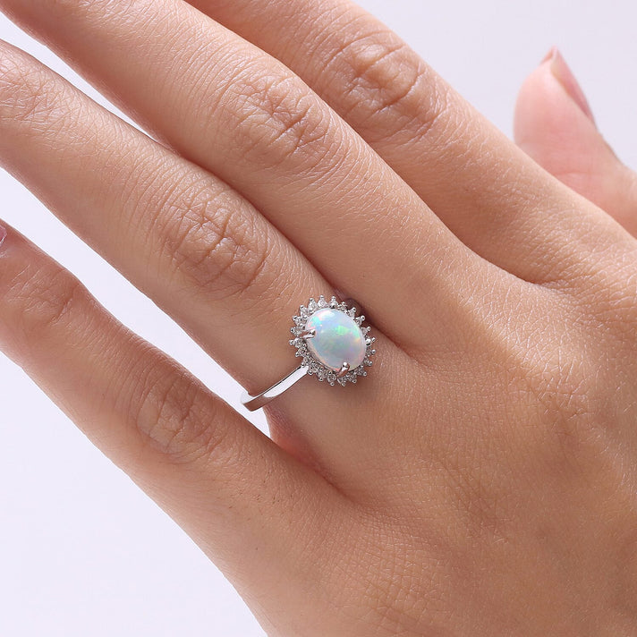 Ethiopian Opal &amp; SI-G-H Lab Grown Diamond Halo Ring in Platinum Overlay Sterling Silver 1.45 Ct. 8516786 2
