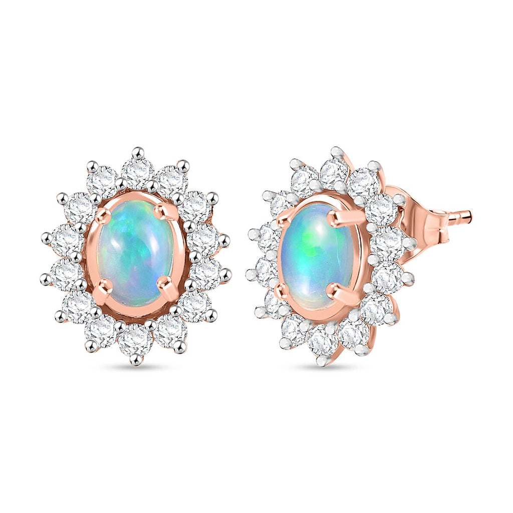 Luxuriant Ethiopian Opal & Lab Grown Diamond Earring with Push Back in 18K Vermeil Rose Gold Plated Sterling Silver 2.18 Ct.