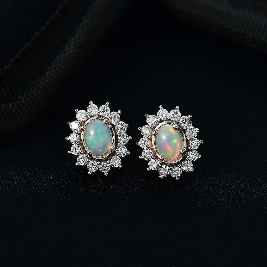 Luxuriant Ethiopian Opal & Lab Grown Diamond Earring with Push Back in 18K Vermeil Rose Gold Plated Sterling Silver 2.18 Ct.