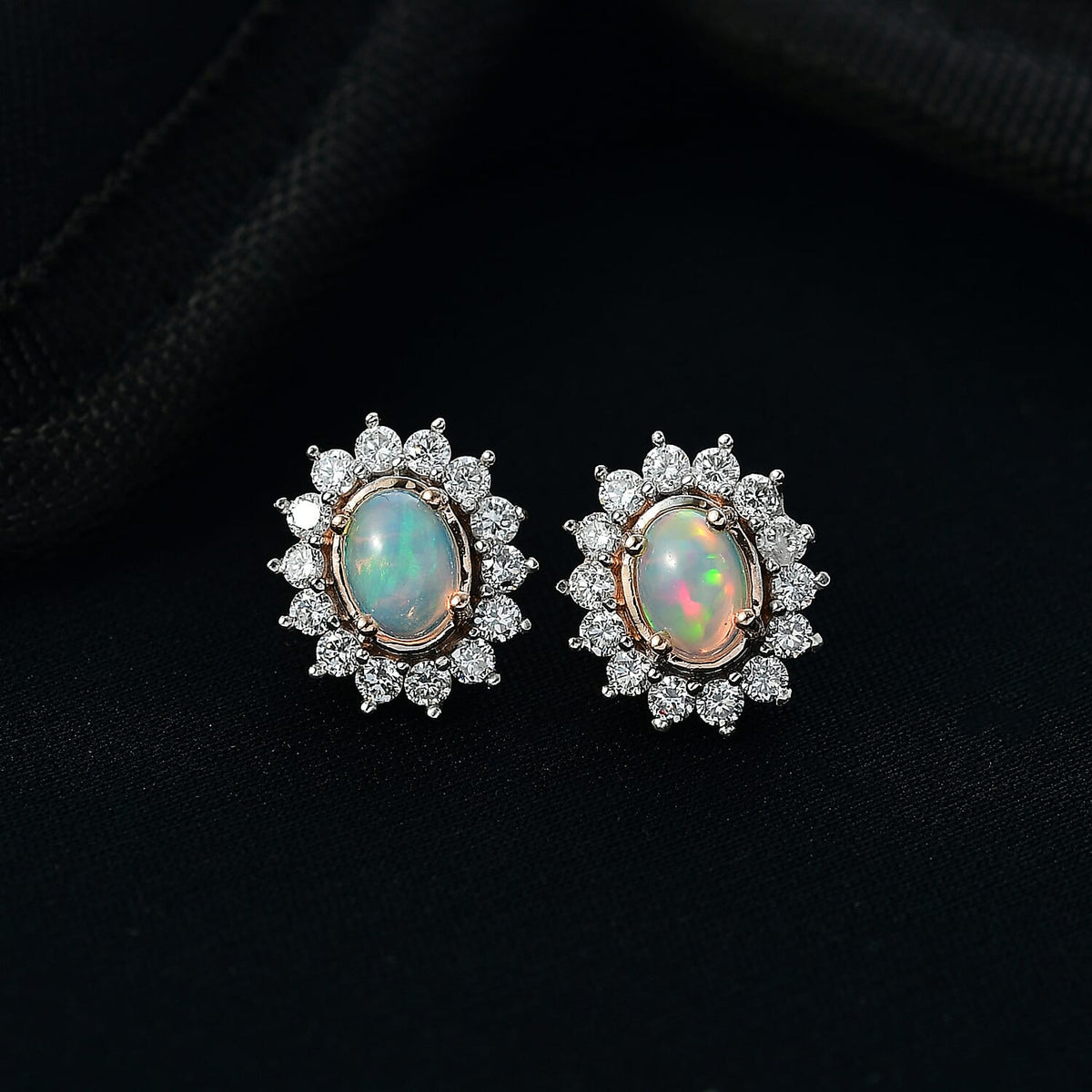 LUXURIANT Ethiopian Opal, Lab Grown Diamond Halo Earring with Push Back in 18K Vermeil Rose Gold Plated Sterling Silver 2.18 Ct. 8316187 2