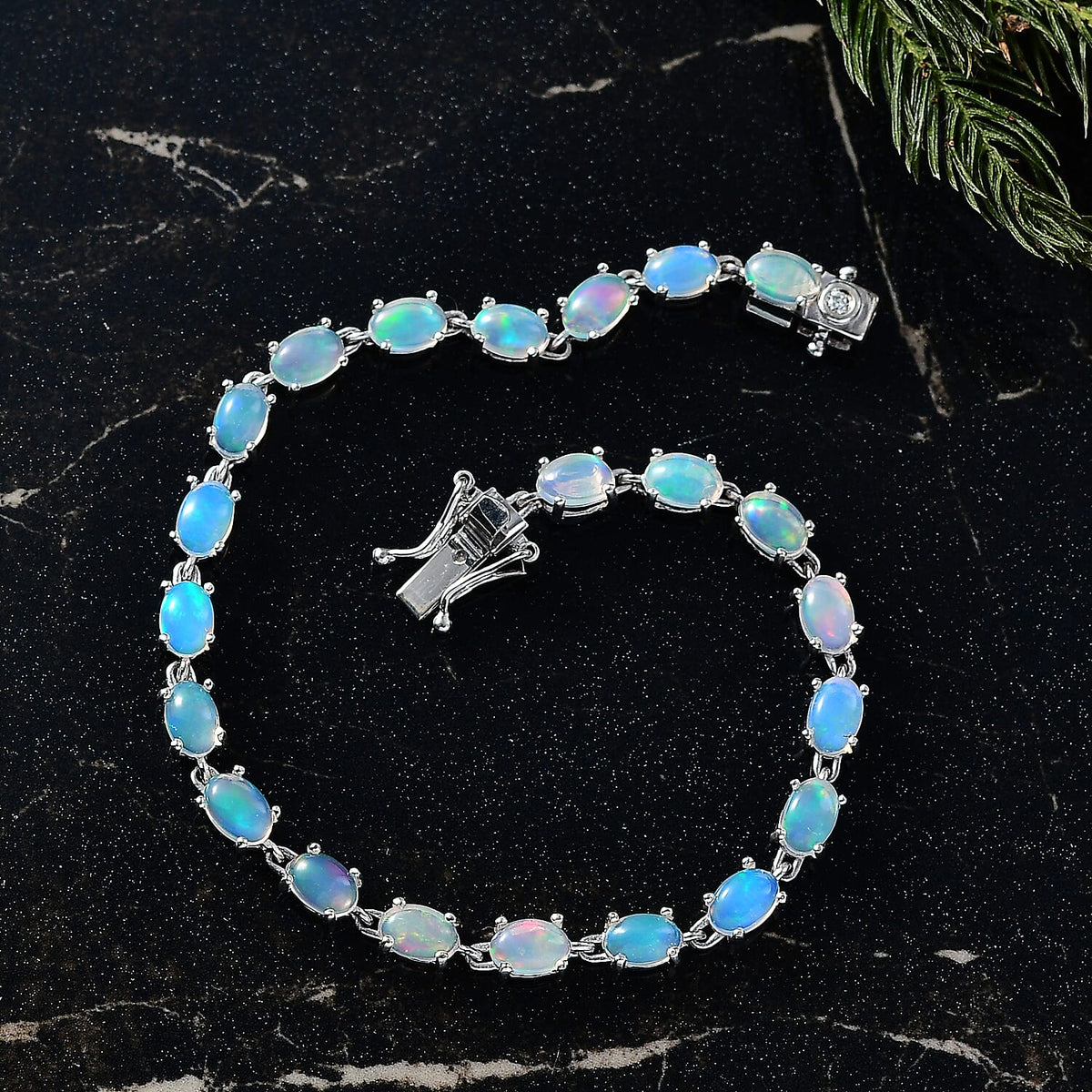 Luxuriant Ethiopian Opal &amp; Lab Grown Diamond (SI-GH) Linking Bracelet (Size 7) with GB Lock Box in Rhodium Overlay Sterling Silver 7.25 Ct, Silver Wt. 5.29 Gms. 8275994 2