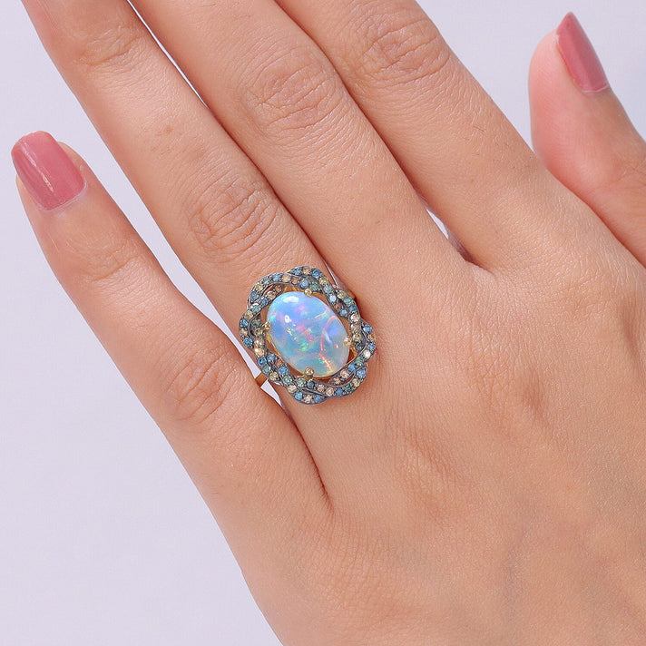 AAA Ethiopian Opal &amp; SI-G-H Lab Grown Multi Diamond Cluster Halo Ring in 18K Vermeil Yellow Gold Plated Sterling Silver 4.50 Ct. 8552972 2