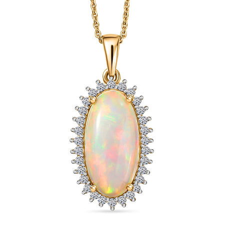 LUXURIANT Ethiopian Opal, Lab Grown Diamond Halo Pendant with Chain (Size 20) in 18K Vermeil Yellow Gold Plated Sterling Silver 3.47 Ct. 4456176 1
