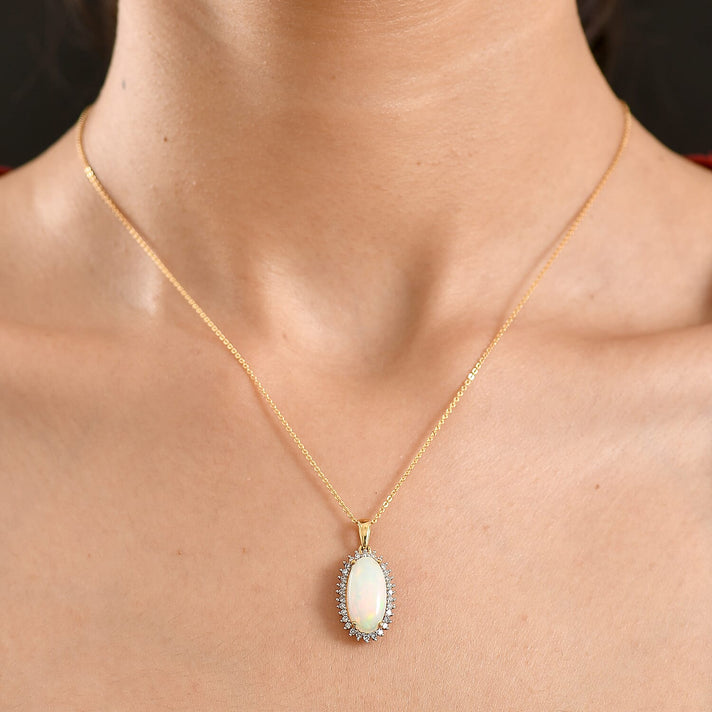 LUXURIANT Ethiopian Opal, Lab Grown Diamond Halo Pendant with Chain (Size 20) in 18K Vermeil Yellow Gold Plated Sterling Silver 3.47 Ct. 4456176 2