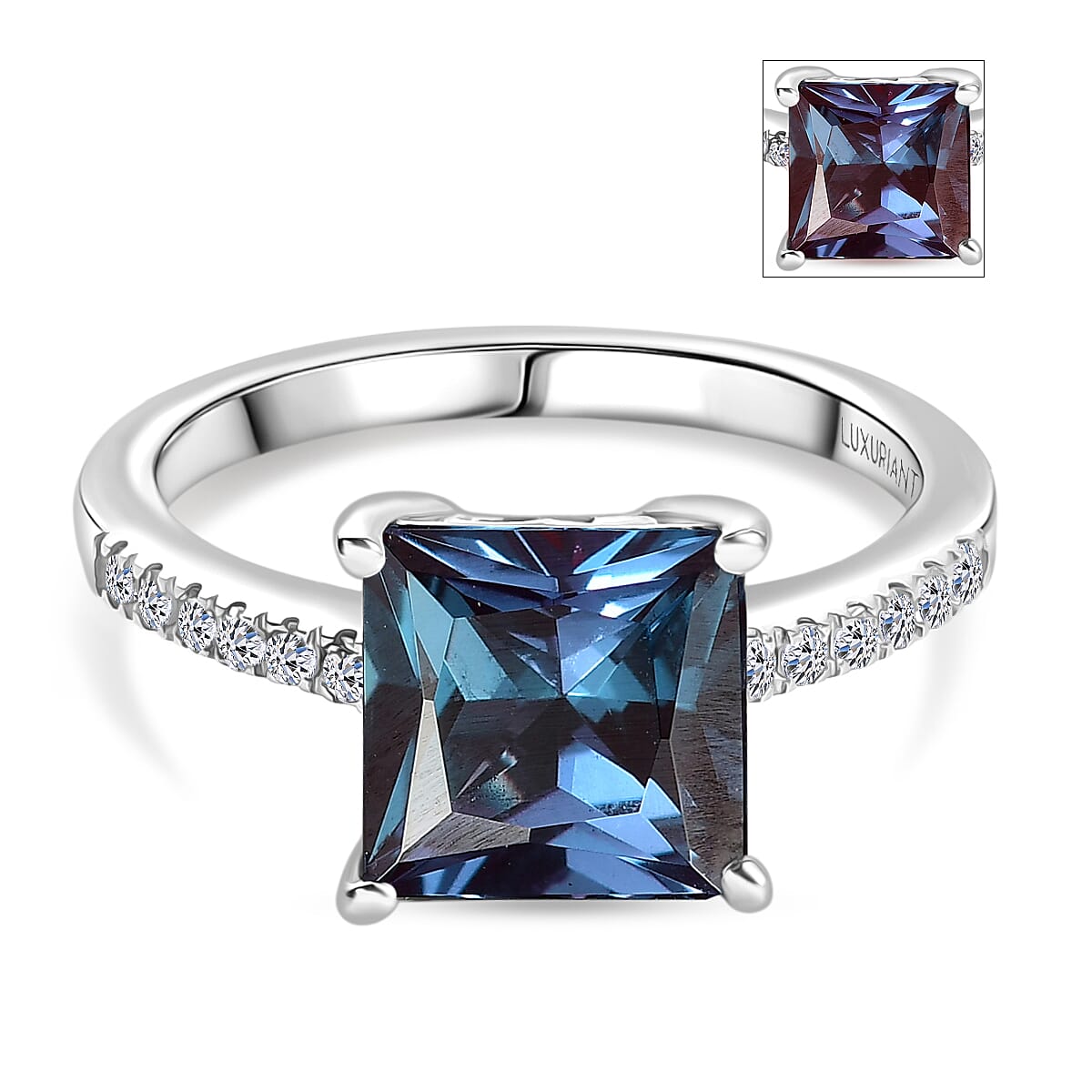LUXURIANT 3.27 Ct. Lab Grown Alexandrite, Lab Grown Diamond Ring in Rhodium Overlay Sterling Silver 8279204 0