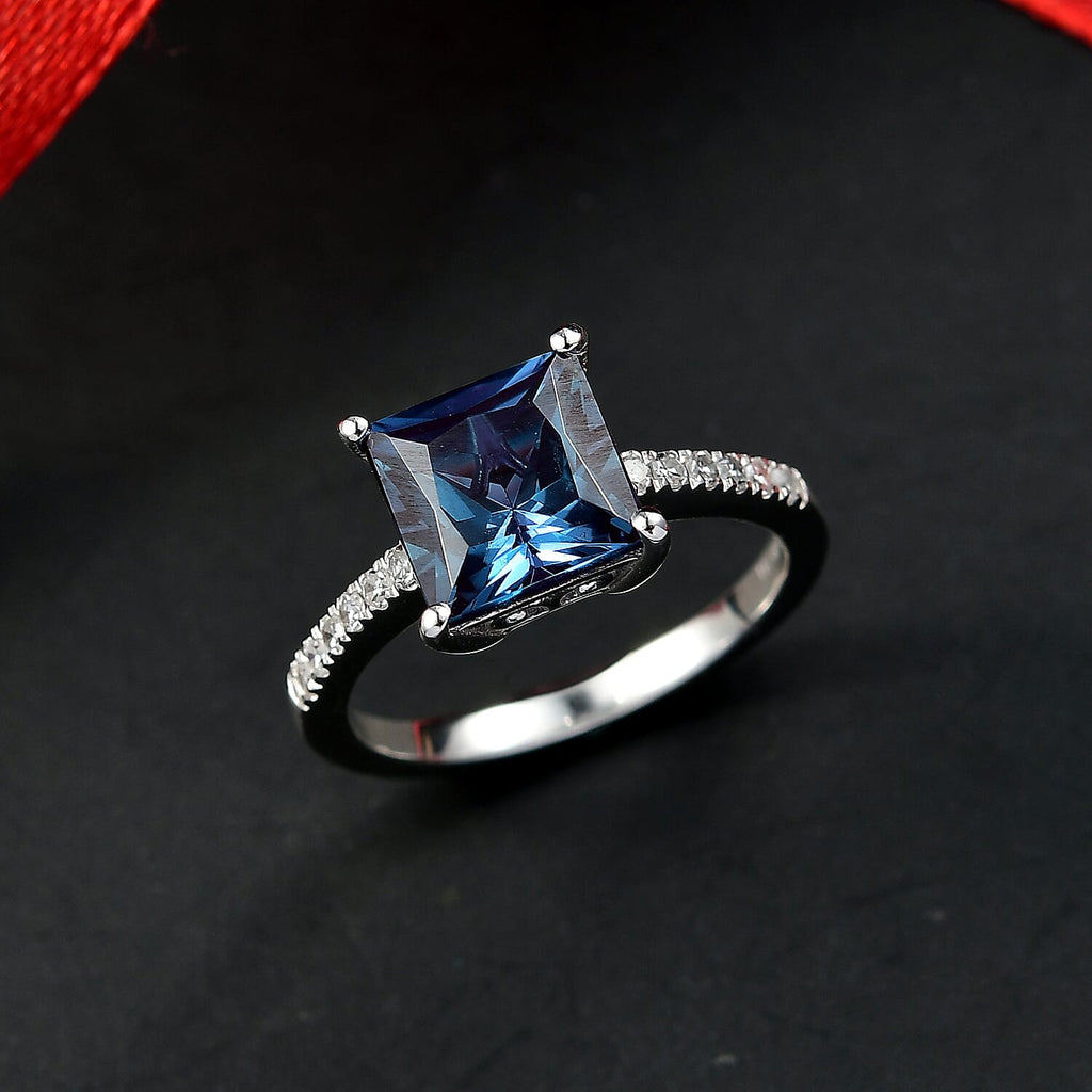 Luxuriant Lab Grown Alexandrite & Lab Grown Diamond Ring in Rhodium Overlay Sterling Silver 3.42 Ct.