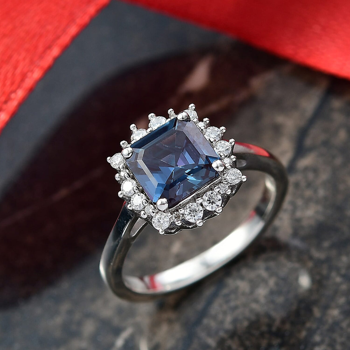 D'Joy 2 Ct. Lab Grown Alexandrite, Moissanite Halo Ring in Rhodium Overlay Sterling Silver 8278855 2