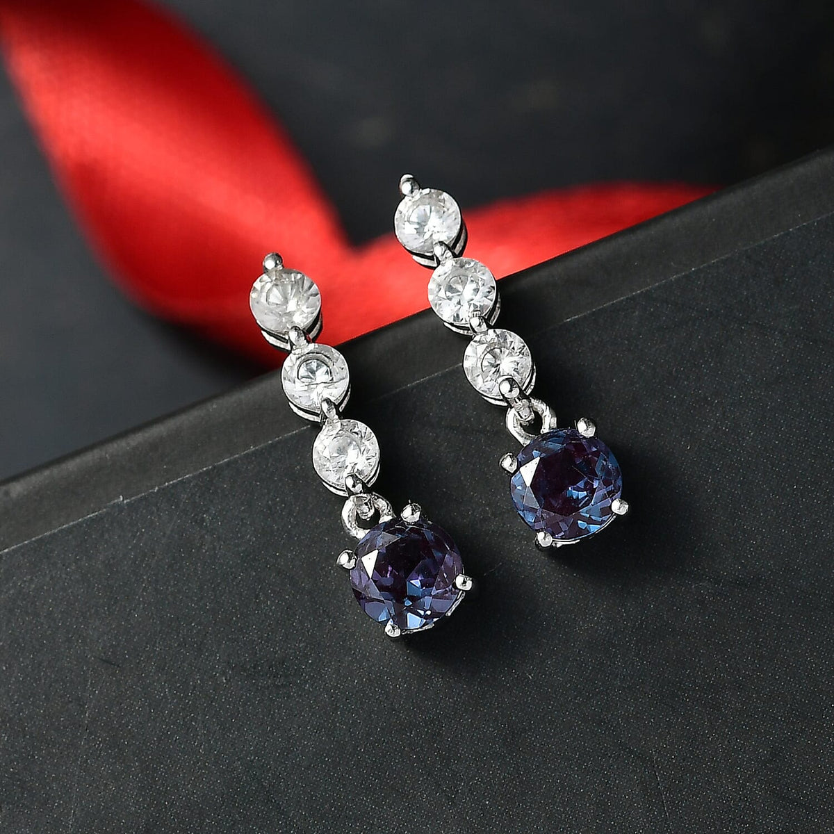 Luxuriant Lab Grown Alexandrite &amp; White Zircon Dangling Earring in Rhodium Overlay Sterling Silver 2.52 Ct. 8278882 2