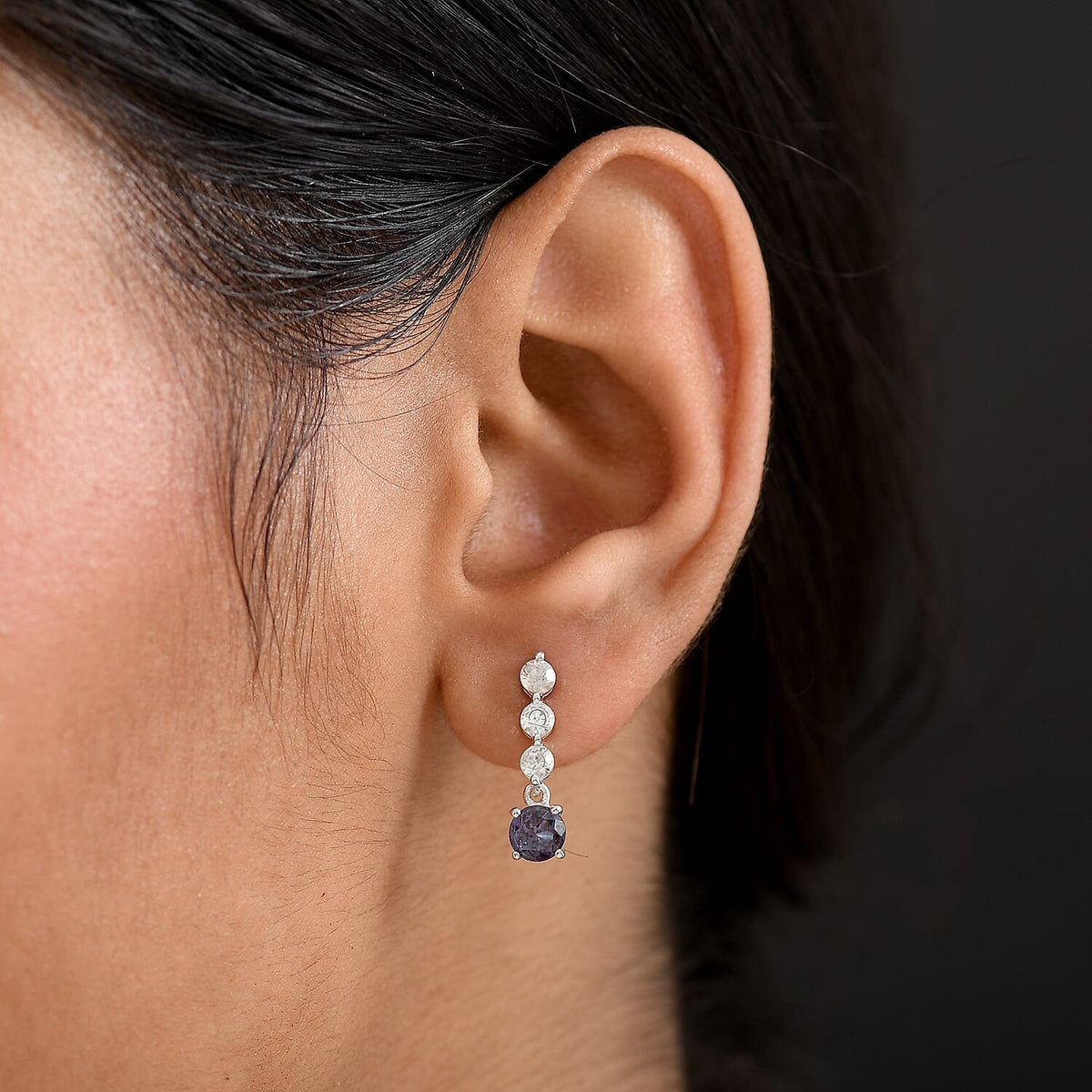 Luxuriant Lab Grown Alexandrite &amp; White Zircon Dangling Earring in Rhodium Overlay Sterling Silver 2.52 Ct. 8278882 3