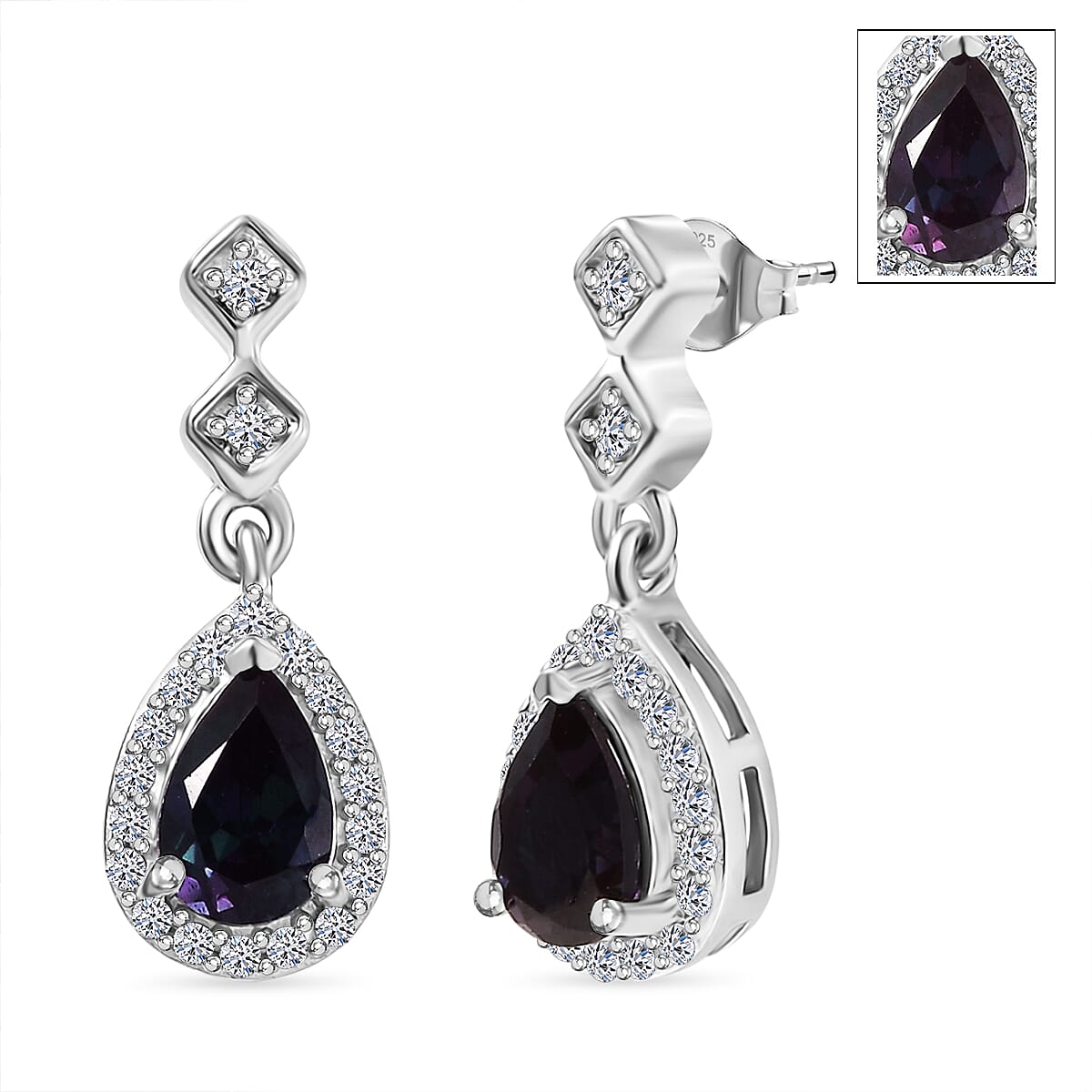 Luxuriant Lab Grown Alexandrite &amp; White Zircon Dangling Earring in Rhodium Overlay Sterling Silver 1.14 Ct. 8279029 0