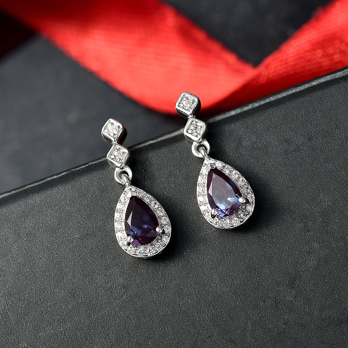 Luxuriant Lab Grown Alexandrite &amp; White Zircon Dangling Earring in Rhodium Overlay Sterling Silver 1.14 Ct. 8279029 2