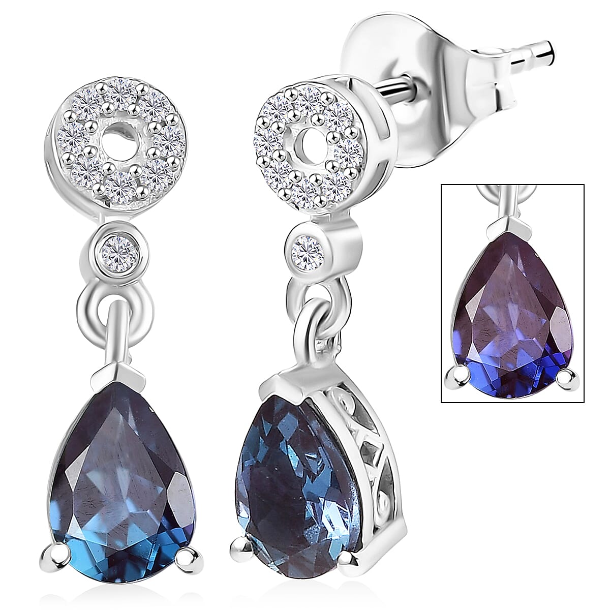 Luxuriant Lab Grown Alexandrite &amp; White Zircon Dangling Earring in Rhodium Overlay Sterling Silver 1.75 Ct. 8279037 0