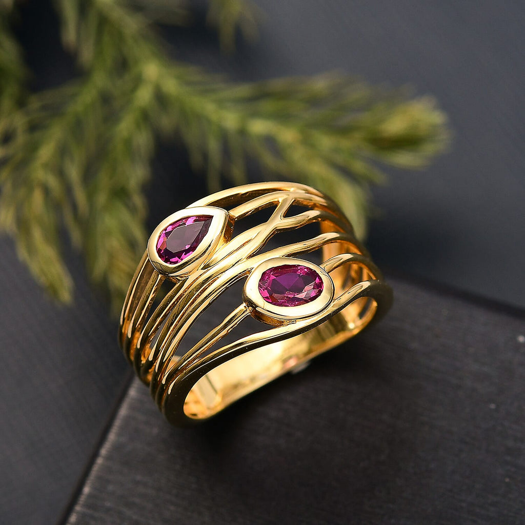 Luxuriant Lab Grown Bixbite Filigree Ring in 18K Yellow Gold Plating Sterling Silver