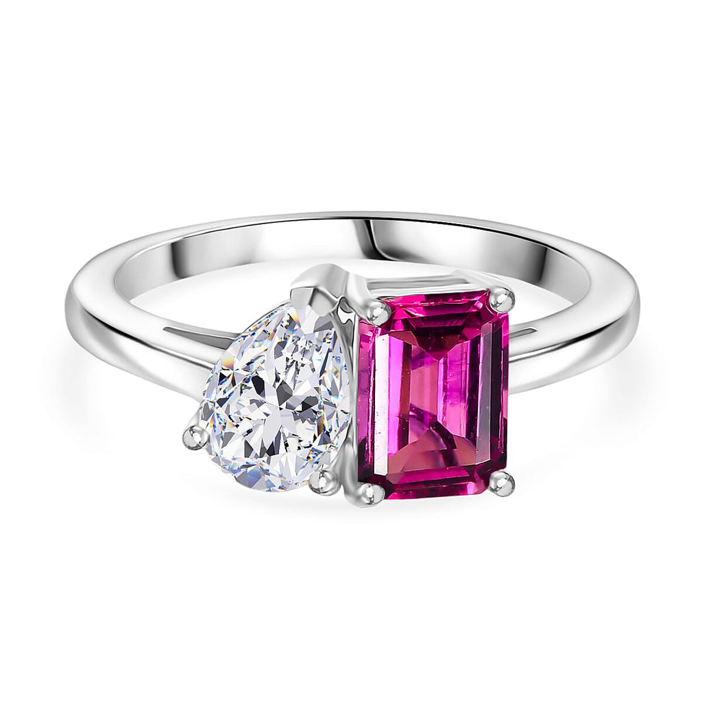 Luxuriant Lab Grown Bixbite & Moissanite Ring in Platinum Overlay Sterling Silver 1.59 Ct.