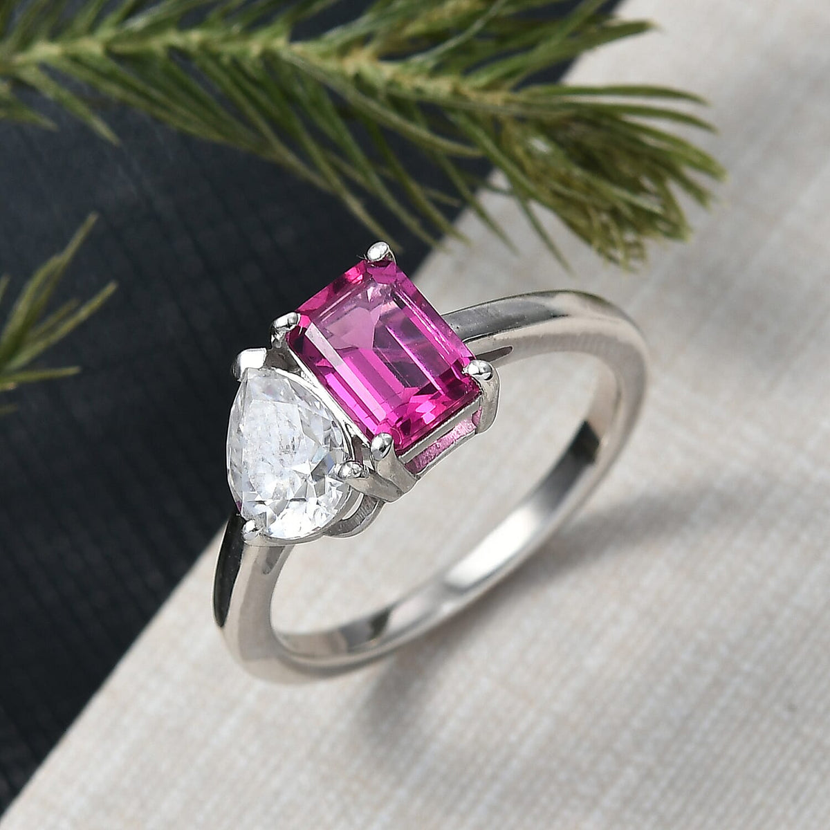 Luxuriant Lab Grown Bixbite &amp; Moissanite Ring in Platinum Overlay Sterling Silver 1.59 Ct. 8266793 2
