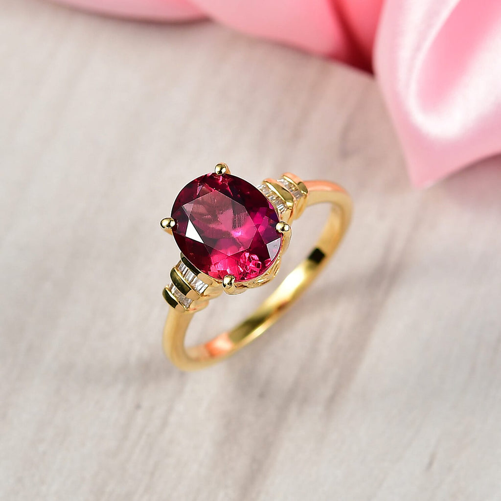 D'Joy Lab Grown Bixbite & White Diamond Ring in 18K Vermeil Yellow Gold Plated Sterling Silver 3.16 Ct.