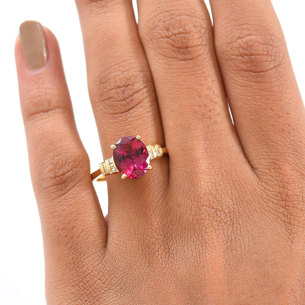 D'Joy Lab Grown Bixbite & White Diamond Ring in 18K Vermeil Yellow Gold Plated Sterling Silver 3.16 Ct.