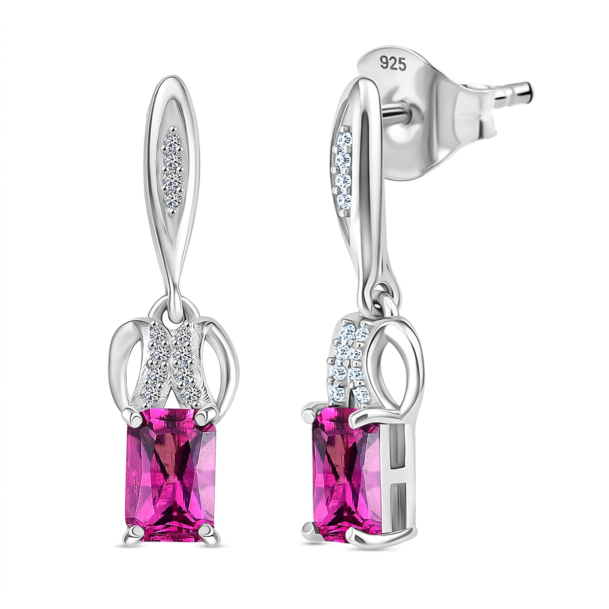 Luxuriant Lab Grown Bixbite &amp; White Zircon Dangling Earring with Push Back in Platinum Overlay Sterling Silver 8287098 0