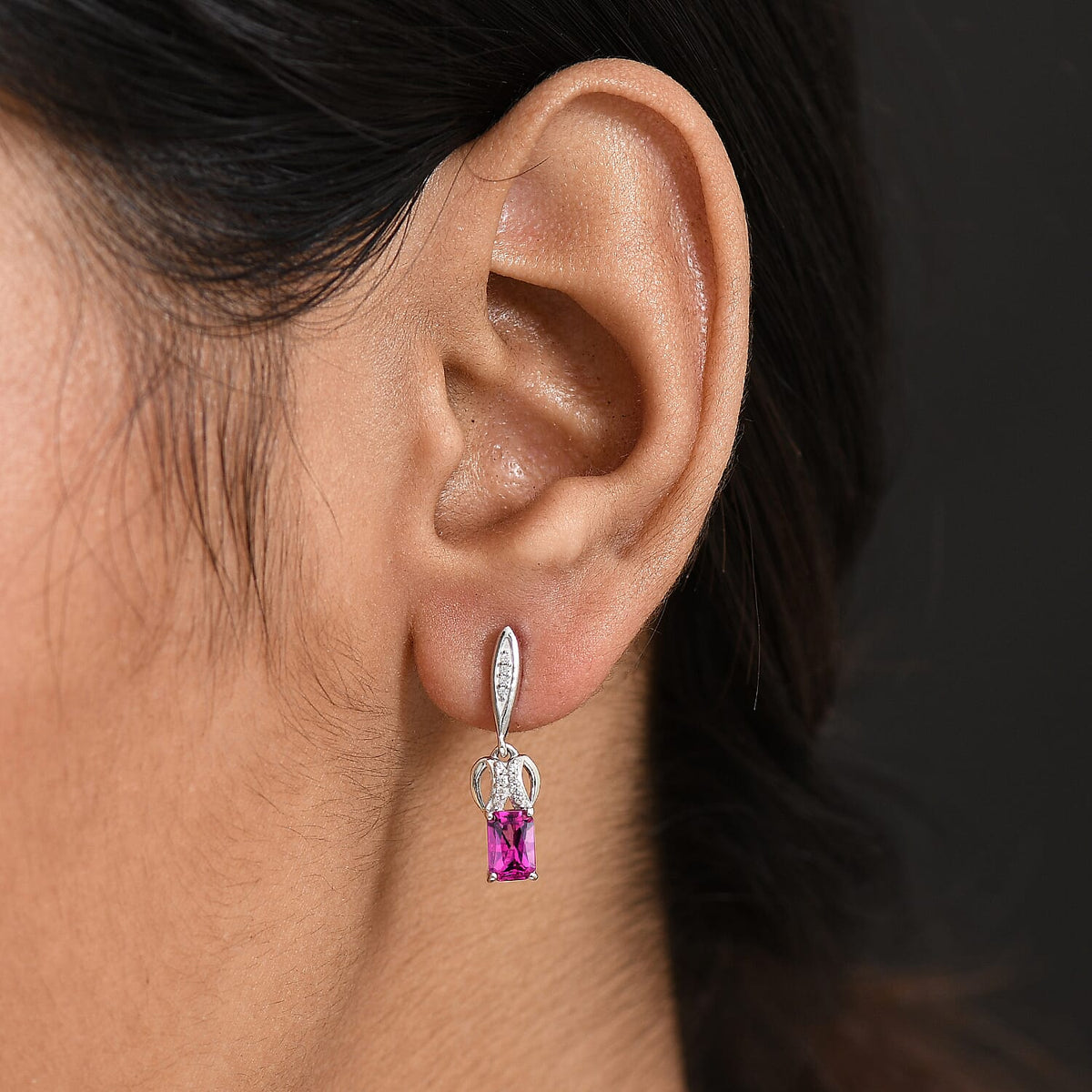 Luxuriant Lab Grown Bixbite &amp; White Zircon Dangling Earring with Push Back in Platinum Overlay Sterling Silver 8287098 3