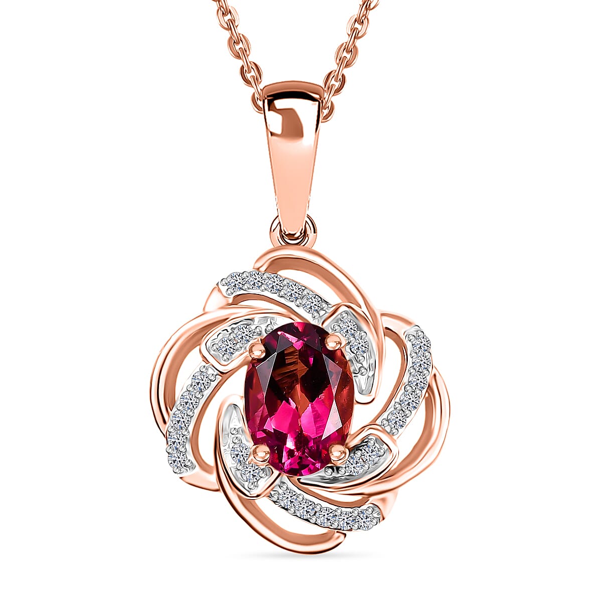Luxuriant Lab Grown Bixbite &amp; White Zircon Pendant with Chain (Size 20) in Rose Gold Plated Sterling Silver 4423734 0