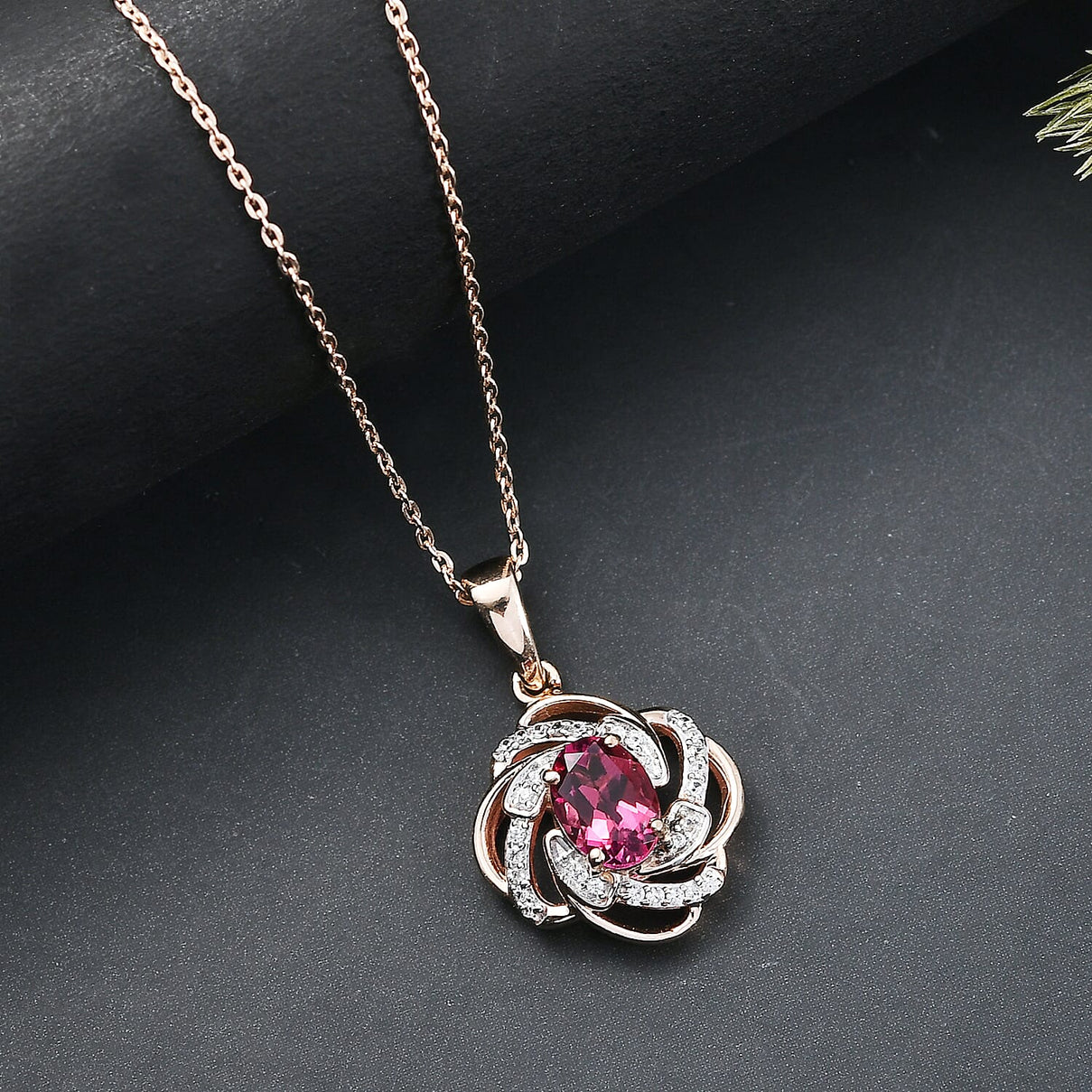 Luxuriant Lab Grown Bixbite &amp; White Zircon Pendant with Chain (Size 20) in Rose Gold Plated Sterling Silver 4423734 1