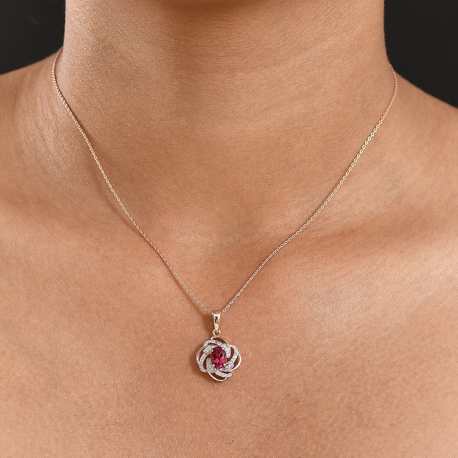 Luxuriant Lab Grown Bixbite &amp; White Zircon Pendant with Chain (Size 20) in Rose Gold Plated Sterling Silver 4423734 2