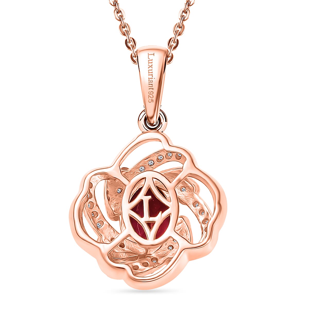 Luxuriant Lab Grown Bixbite &amp; White Zircon Pendant with Chain (Size 20) in Rose Gold Plated Sterling Silver 4423734 4