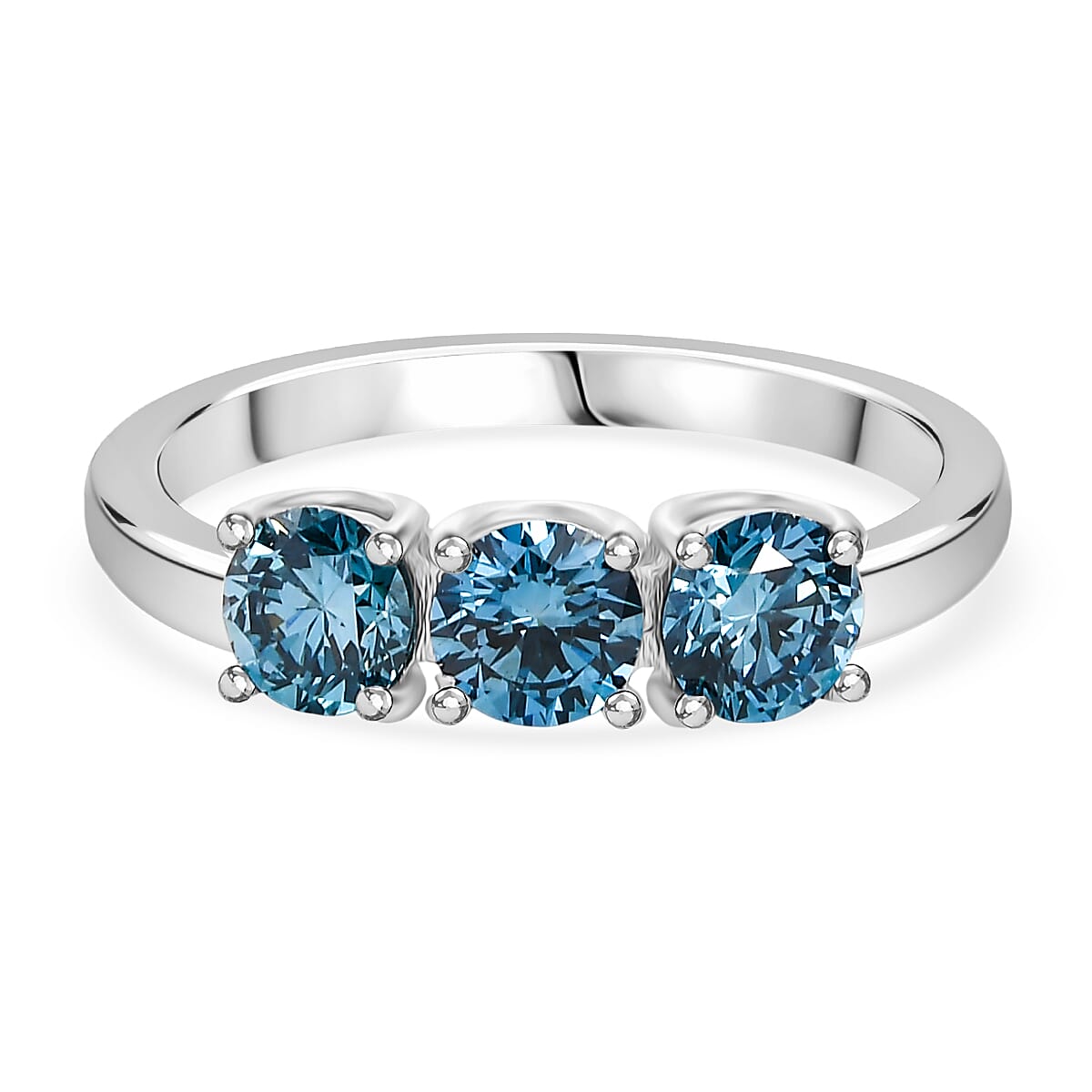 LUXURIANT 1 Ct. Lab Grown Blue Diamond 3-Stone Ring in Rhodium Overlay Sterling Silver (VS-EF) 8262215 0