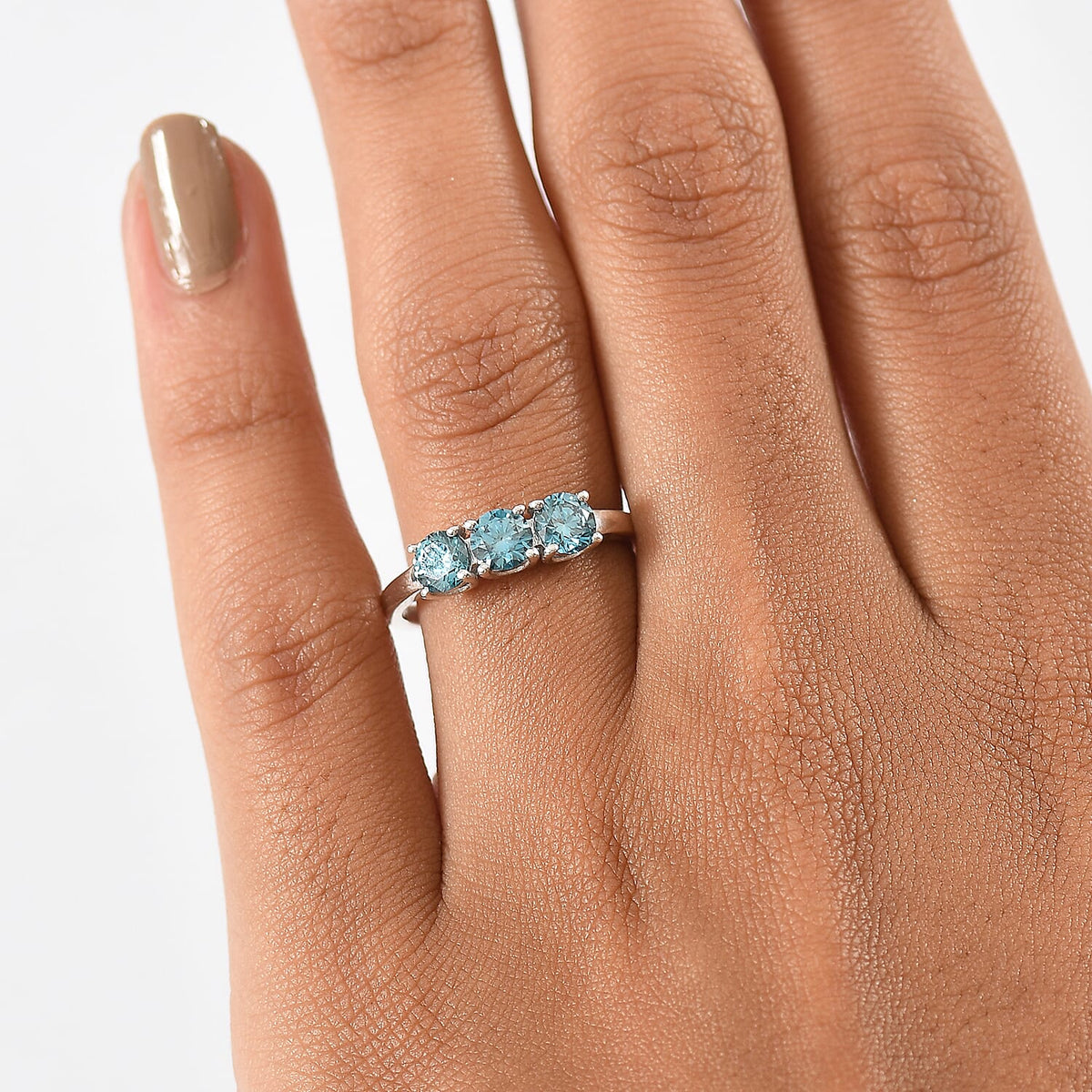 LUXURIANT 1 Ct. Lab Grown Blue Diamond 3-Stone Ring in Rhodium Overlay Sterling Silver (VS-EF) 8262215 3