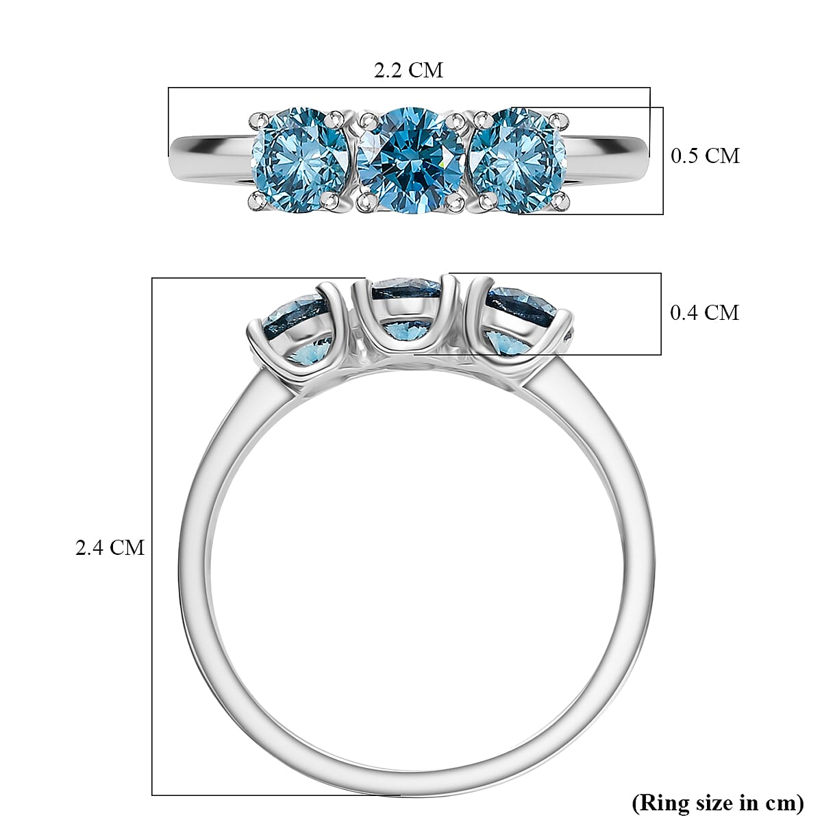 LUXURIANT 1 Ct. Lab Grown Blue Diamond 3-Stone Ring in Rhodium Overlay Sterling Silver (VS-EF) 8262215 6