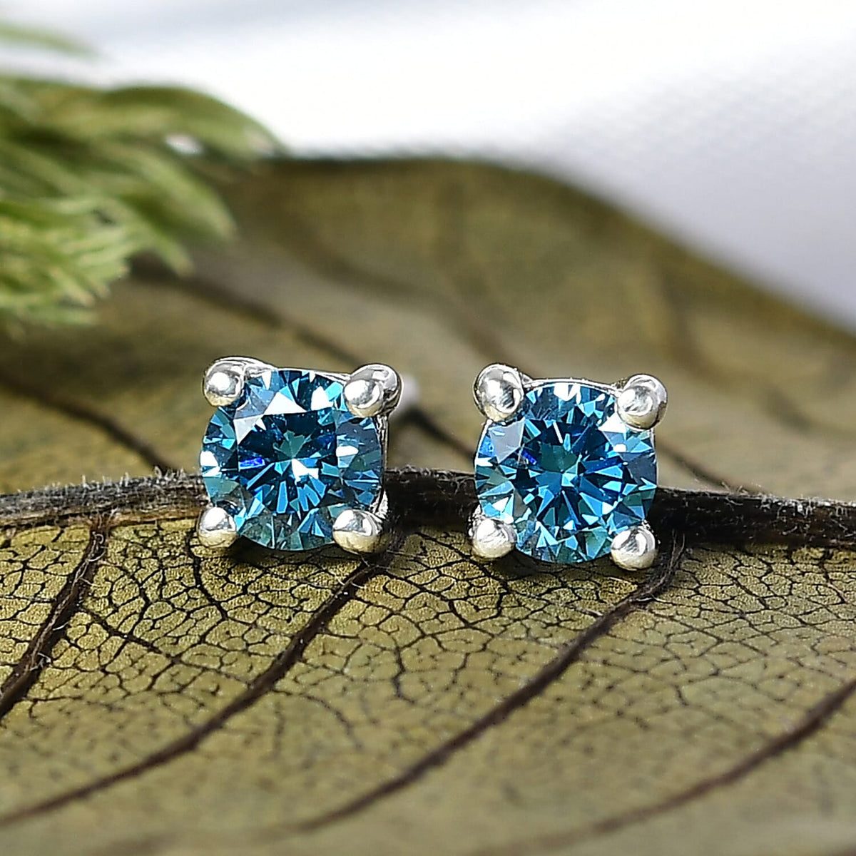 LUXURIANT 0.50 Ct. Lab Grown Blue Diamond Brilliant-Cut Solitaire Stud Earring with Push Back in Rhodium Overlay Sterling Silver (VS-EF) 8262114 2