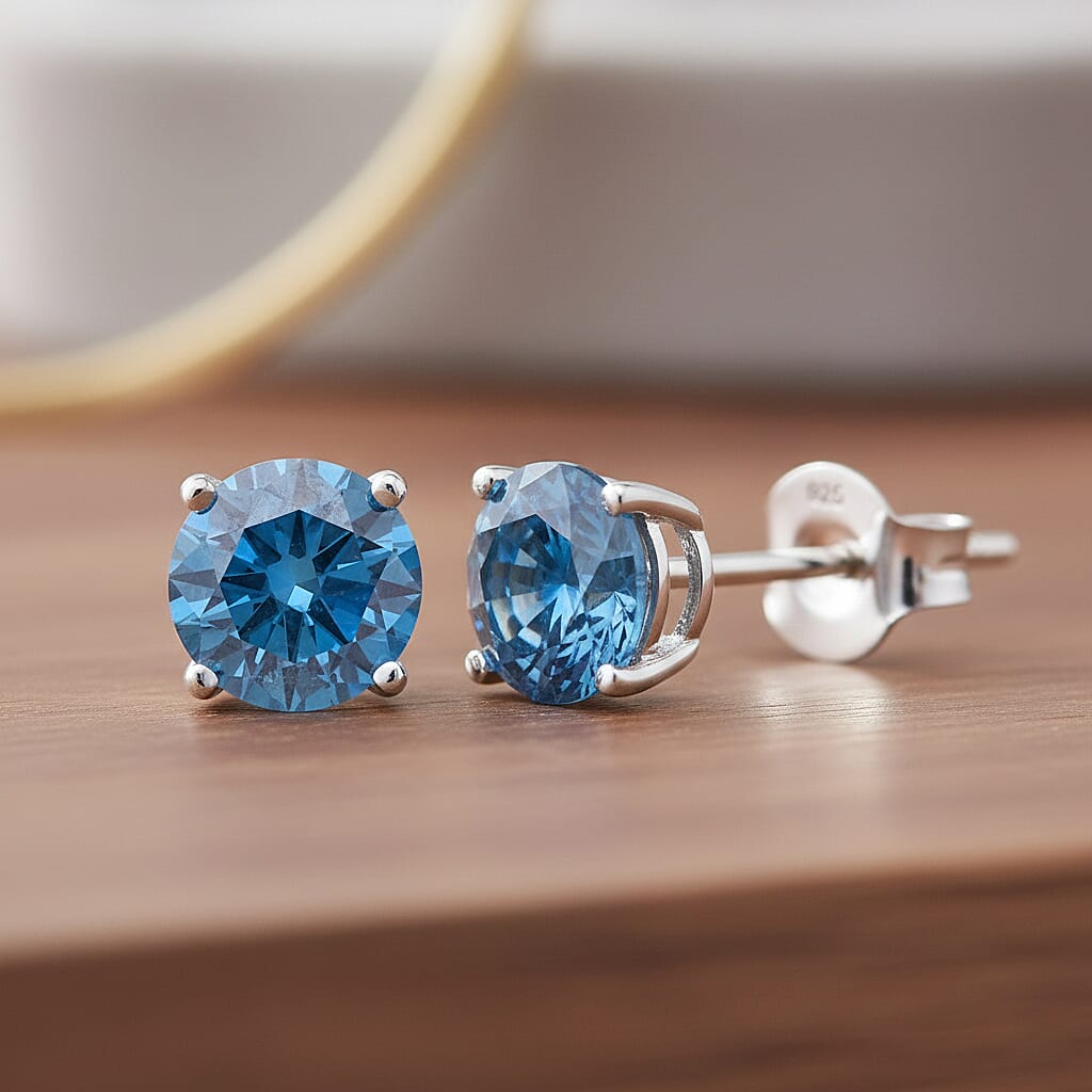 LUXURIANT 1 Ct. Lab Grown Blue Diamond Stud Earrings in Rhodium Sterling Silver 8360164 2