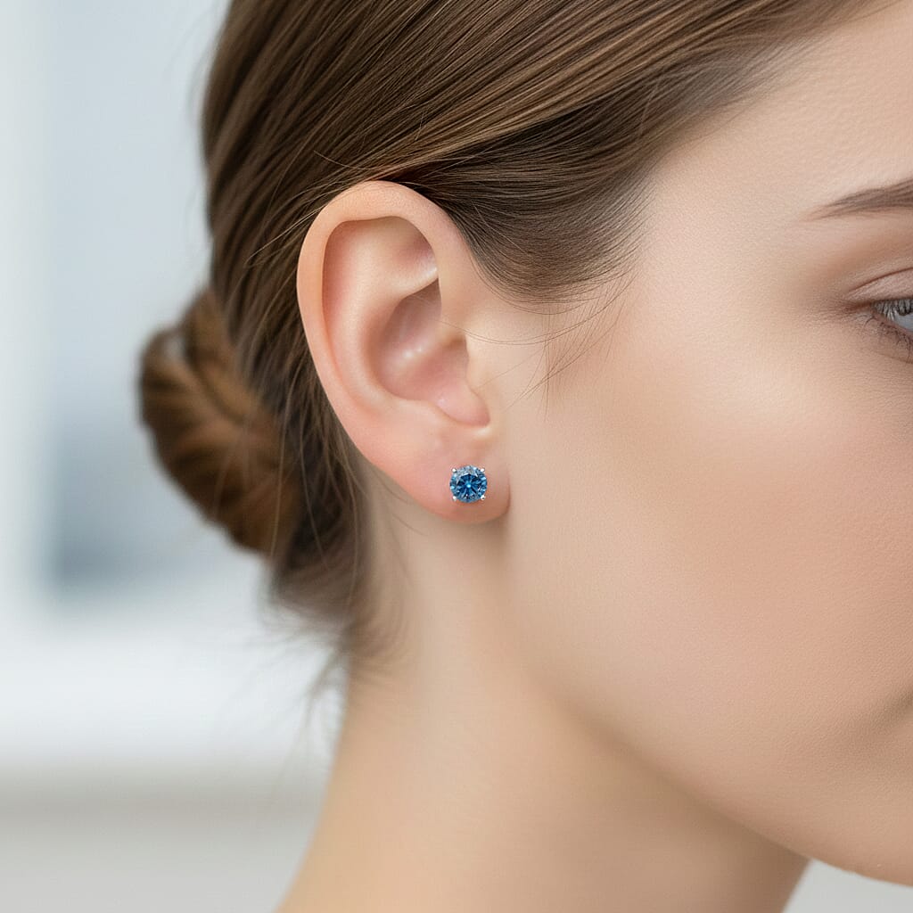 LUXURIANT 1 Ct. Lab Grown Blue Diamond Stud Earrings in Rhodium Sterling Silver 8360164 3