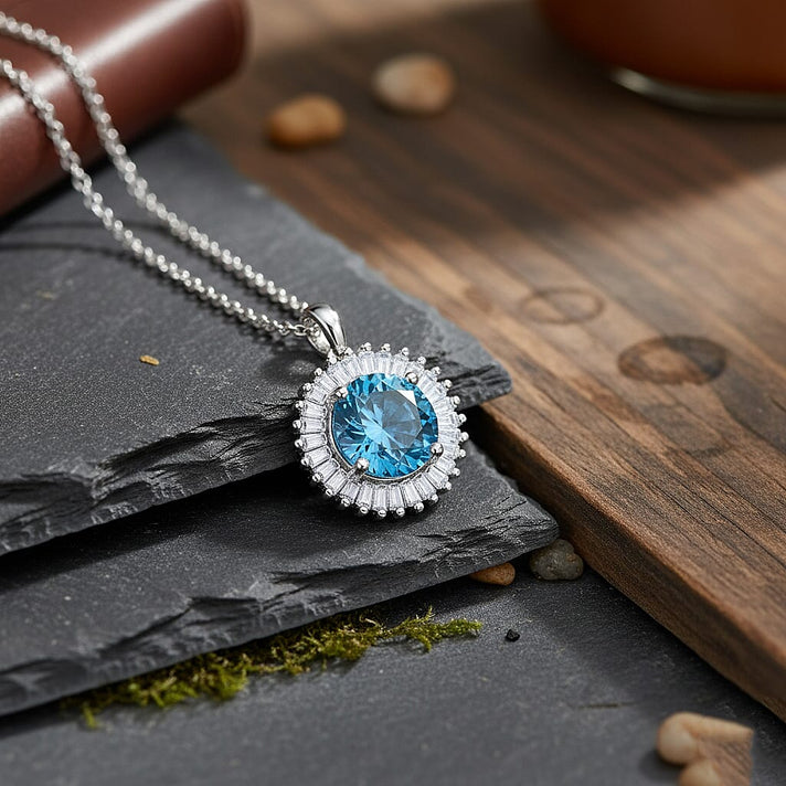 LUXURIANT 1 Ct. Lab Grown Blue Diamond Halo Pendant in Rhodium Overlay Sterling Silver 8314870 2