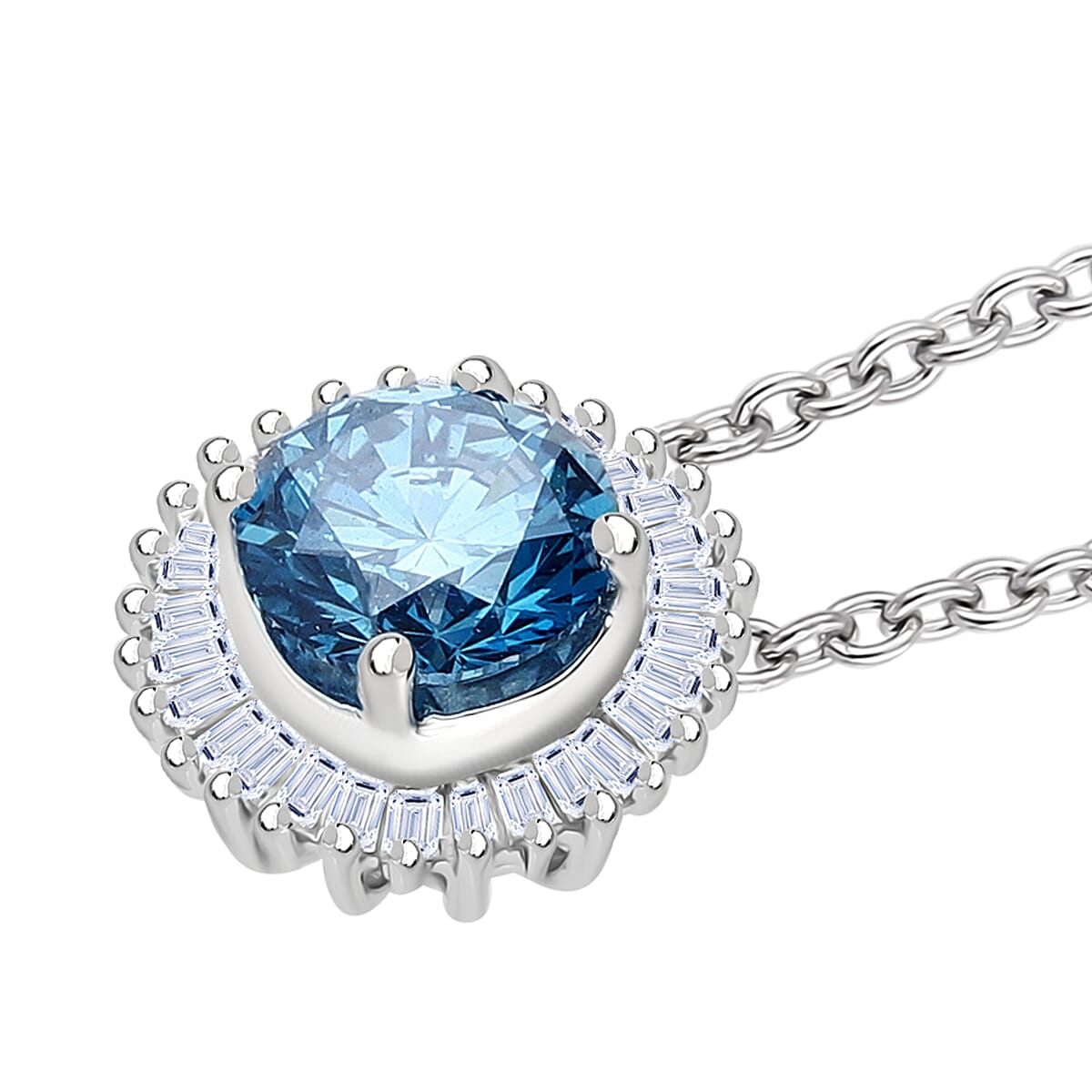 LUXURIANT 1 Ct. Lab Grown Blue Diamond Halo Pendant in Rhodium Overlay Sterling Silver 8314870 4