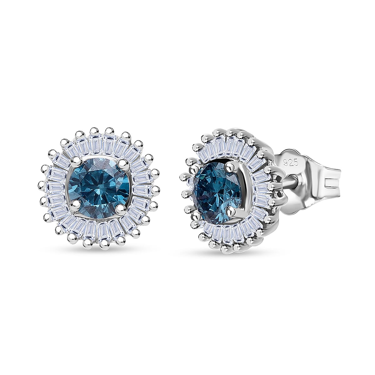 LUXURIANT 1.3 Ct. Lab Grown Blue Diamond Halo Earrings in Rhodium Sterling Silver 8314873 0