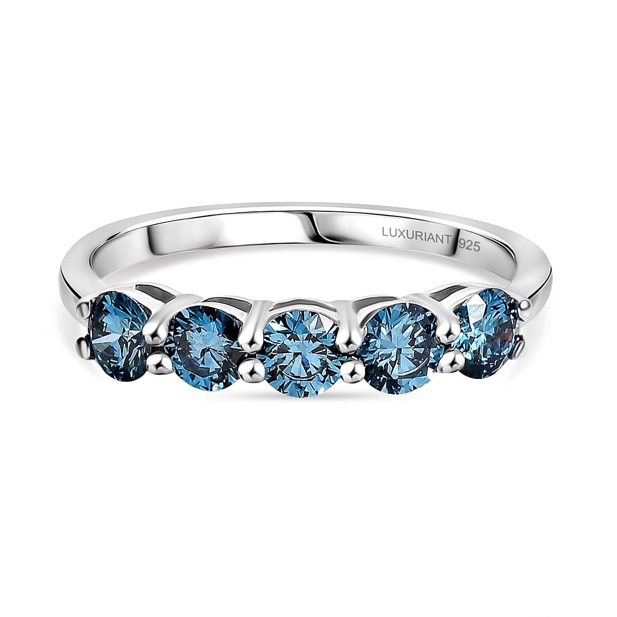 LUXURIANT 1 Ct. Lab Grown Blue Diamond 5-Stone Ring in Rhodium Overlay Sterling Silver (VS-EF) 8262226 0